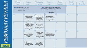 Calendar for February 2025 in French and English. Shows dates and times for project and time management classes, with placeholders for additional events. Starts with Monday, ends with Sunday. Includes course notes and course link reminder.