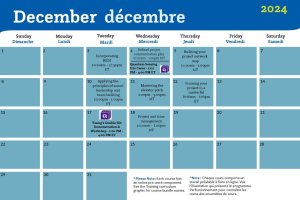 A bilingual December 2024 calendar showing scheduled events, including workshops on quantum sensing, strategy, and leadership. Details are in English and French, with events listed from December 3 to 12, plus a reminder for Framing Tour and time zones.