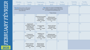 Un calendrier de février 2025 sur lequel sont annotés différents ateliers portant sur des sujets comme la gestion de projet et la communication. Barre latérale bleue des noms de mois en anglais et en français. Notes importantes concernant les ateliers dans le haut de l'image.