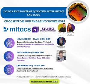 Promotional image for Mitacs and Qubo events featuring quantum tech workshops. Shows speakers’ photos and topics, including optimization and sensing use cases, with dates in November and December. Encourages registration for certificate acknowledgment.